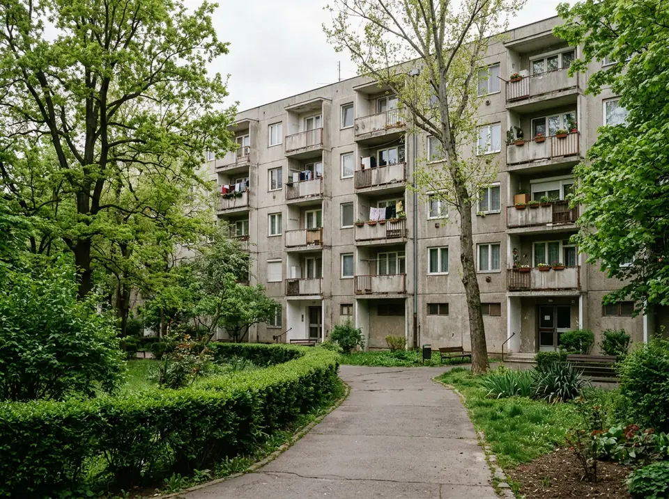 Lakótelepi panelház a belső udvar felől, fákkal, sövénnyel és járdával.