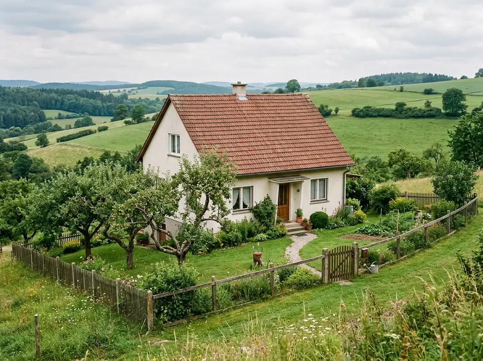 Kertes családi ház domboldalon, lejtős füves udvarral és gyümölcsfákkal.